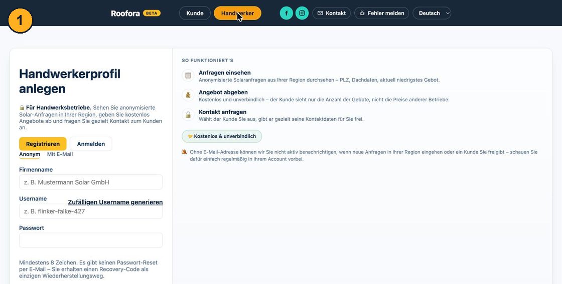 Handwerker-Registrierungsformular mit Firmenname, Username und Passwort