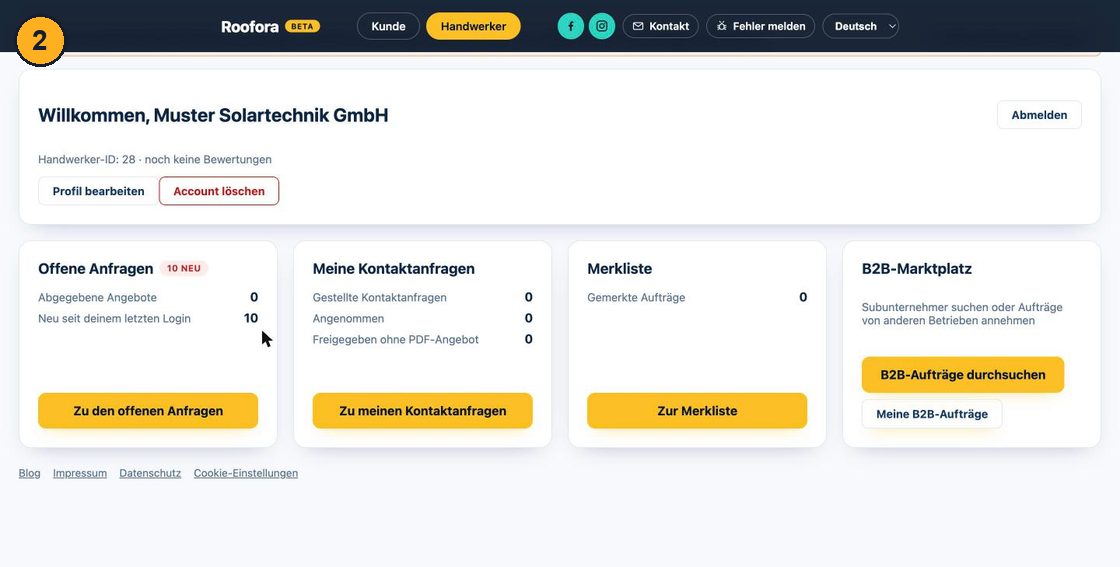 Handwerker-Dashboard mit den Kacheln Offene Anfragen, Meine Kontaktanfragen, Merkliste, B2B-Marktplatz