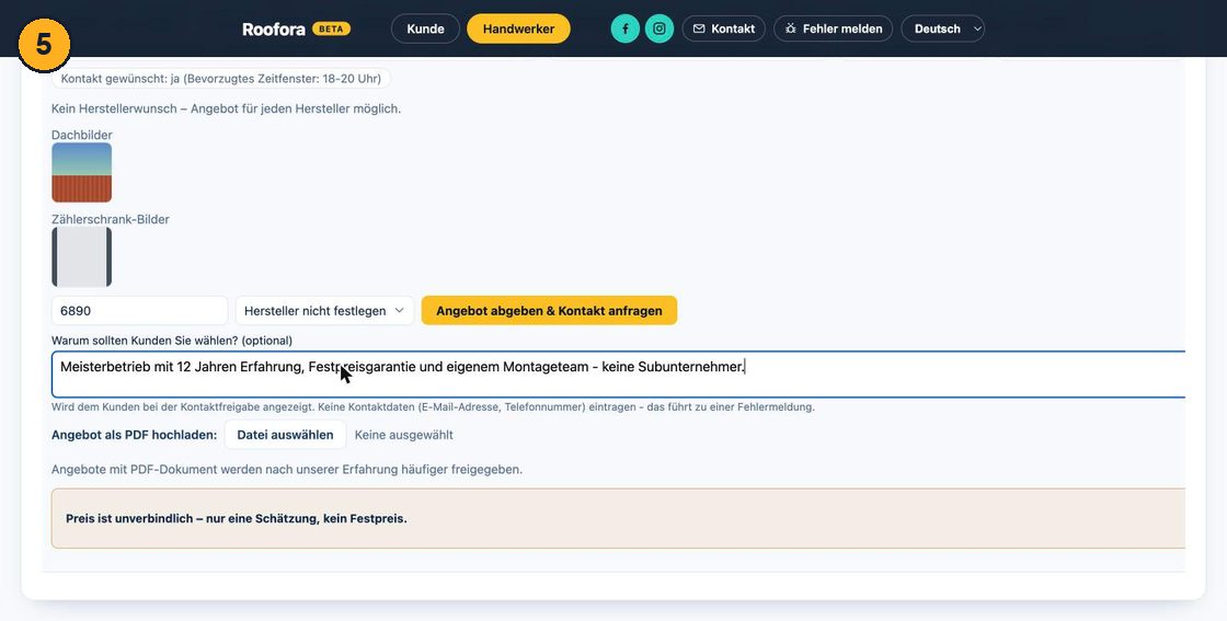 Ausgefülltes Angebotsformular mit Preis und Begründungstext, Button Angebot abgeben & Kontakt anfragen