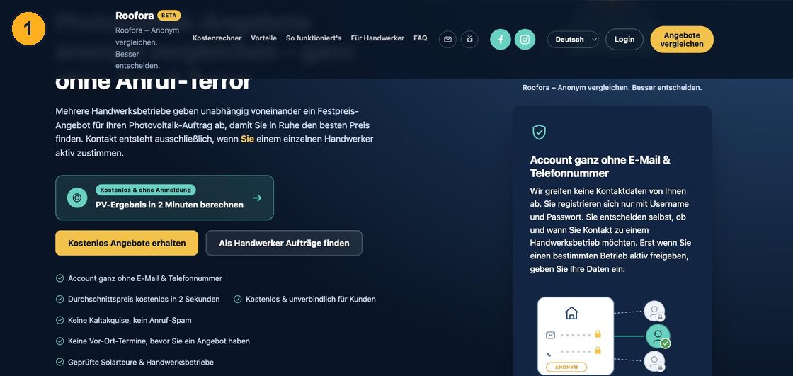 Roofora-Startseite mit den Buttons "Kostenlos Angebote erhalten" und "Als Handwerker Aufträge finden"