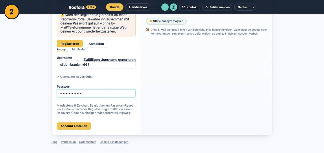 Ausgefülltes Registrierungsformular mit Username und Passwort, Hinweis "Username ist verfügbar"