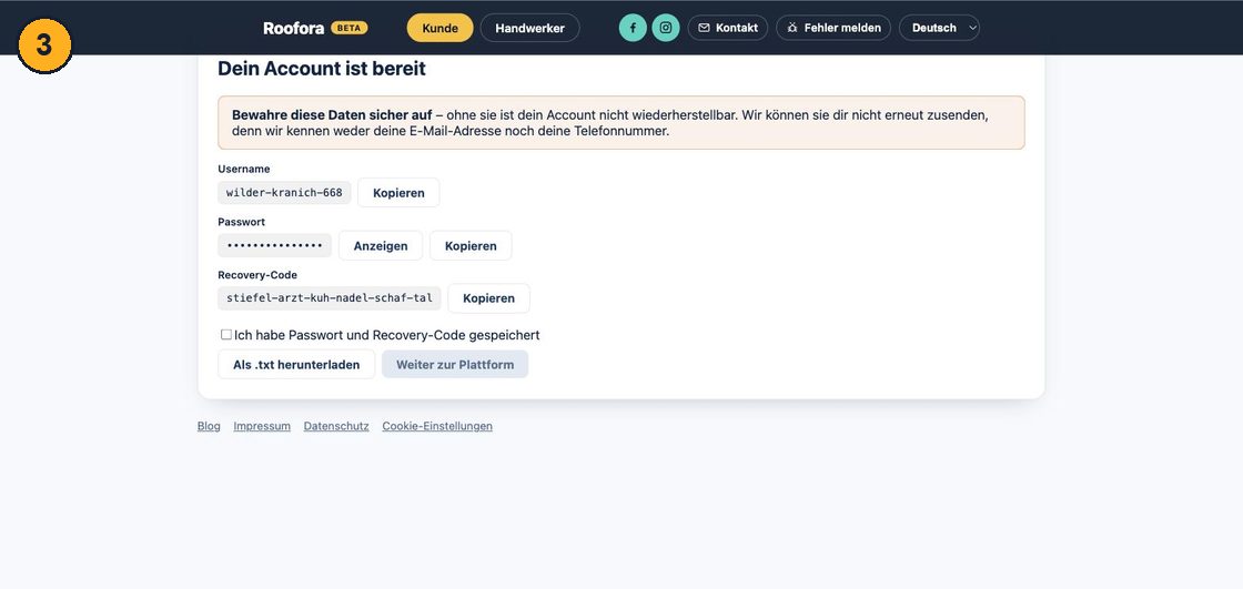 Bestätigungsseite "Dein Account ist bereit" mit Username, Passwort und Recovery-Code