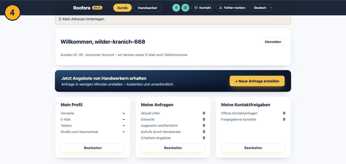 Kunden-Dashboard mit den Kacheln Mein Profil, Meine Anfragen, Meine Kontaktfreigaben