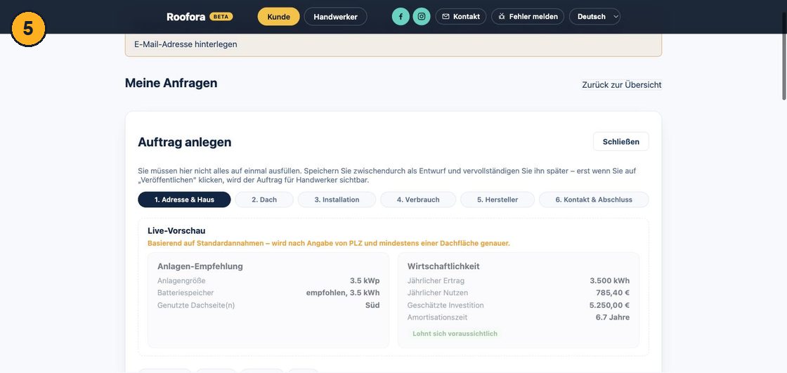 Wizard-Schritt "Adresse & Haus" mit Live-Vorschau und Auftragstyp-Auswahl