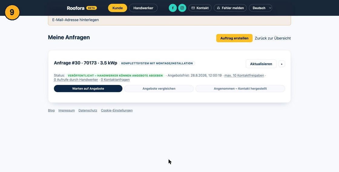 Veröffentlichte Anfrage mit Status "Veröffentlicht - Handwerker können Angebote abgeben"
