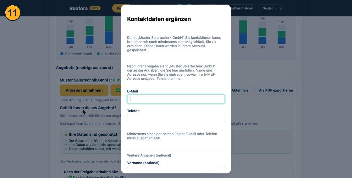 Dialog Kontaktdaten ergänzen mit Feldern für E-Mail und Telefon